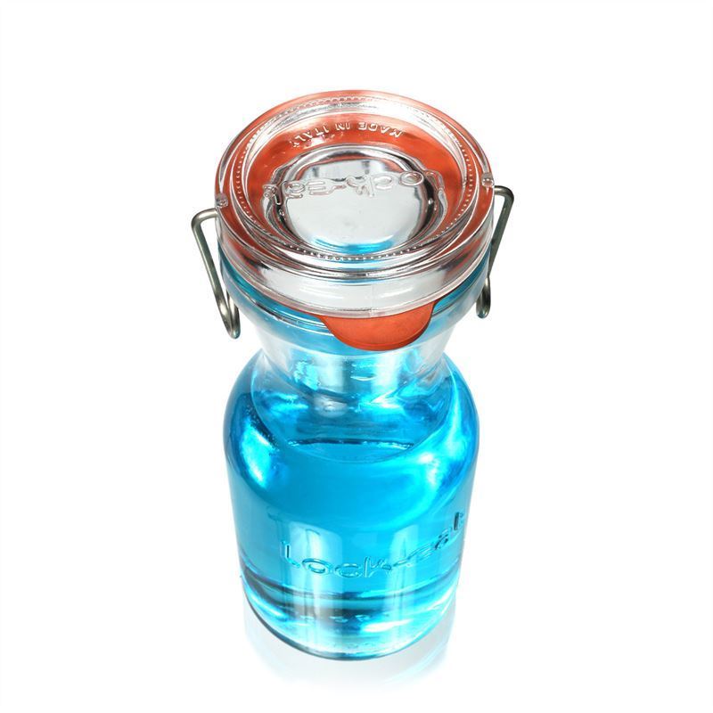 250 ml Glaskaraffe der Serie Lock-Eat, mit blauer Flüssigkeit gefüllt, mit Deckel abgeschlossen