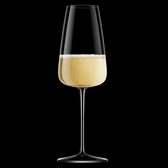 Champagnerglas I Meravigliosi , Prosecco Glas 400 ml,  mit Prosecco gefüllt, schwarzer Hintergrund