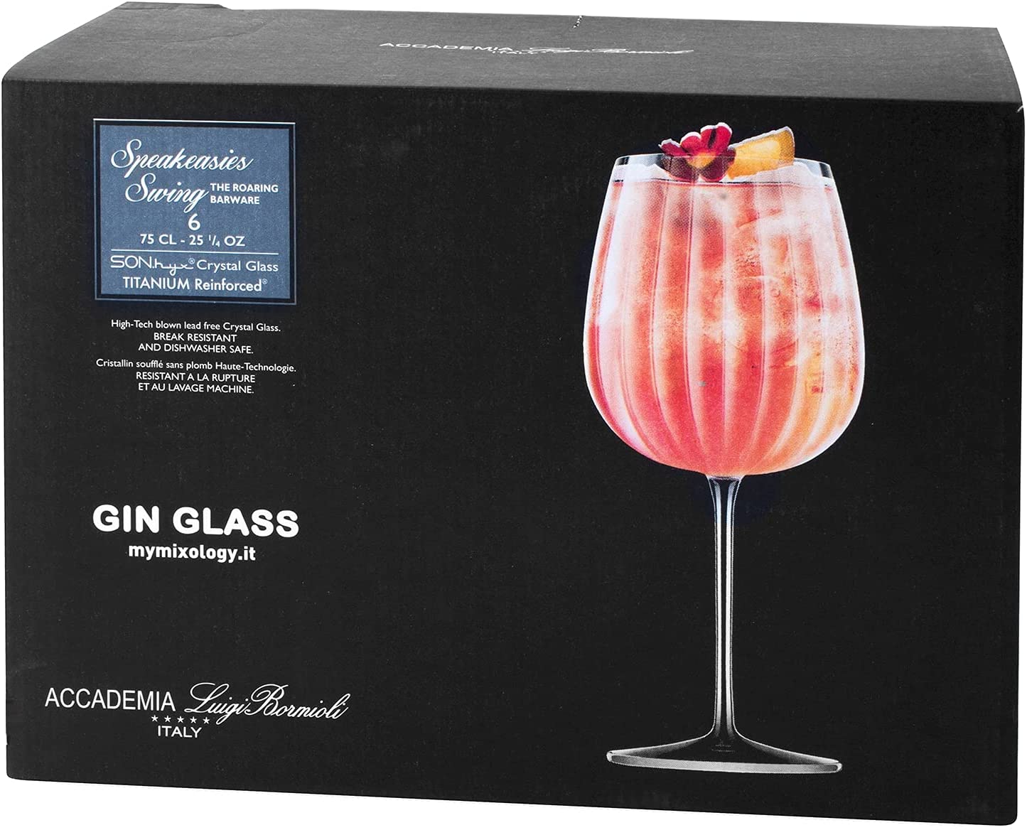 Speakeasies Swing Gin Glas 750 ml,  Schwarzer Karton mit Produktabbildung, 6er Verpackung