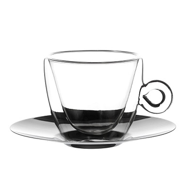 Drink & Design Cappuccino Tasse mit Edelstahluntertasse thermic Glass 165 ml, leere Tasse